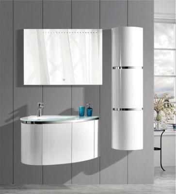 White Morden PVC Wall Hung Basin with Bathroom Cabinet with Glass Basin with LED Mirror