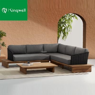 Weatherproof Luxury Outdoor Modern Furniture Teak Wood Rope Woven Sofa with Cushion