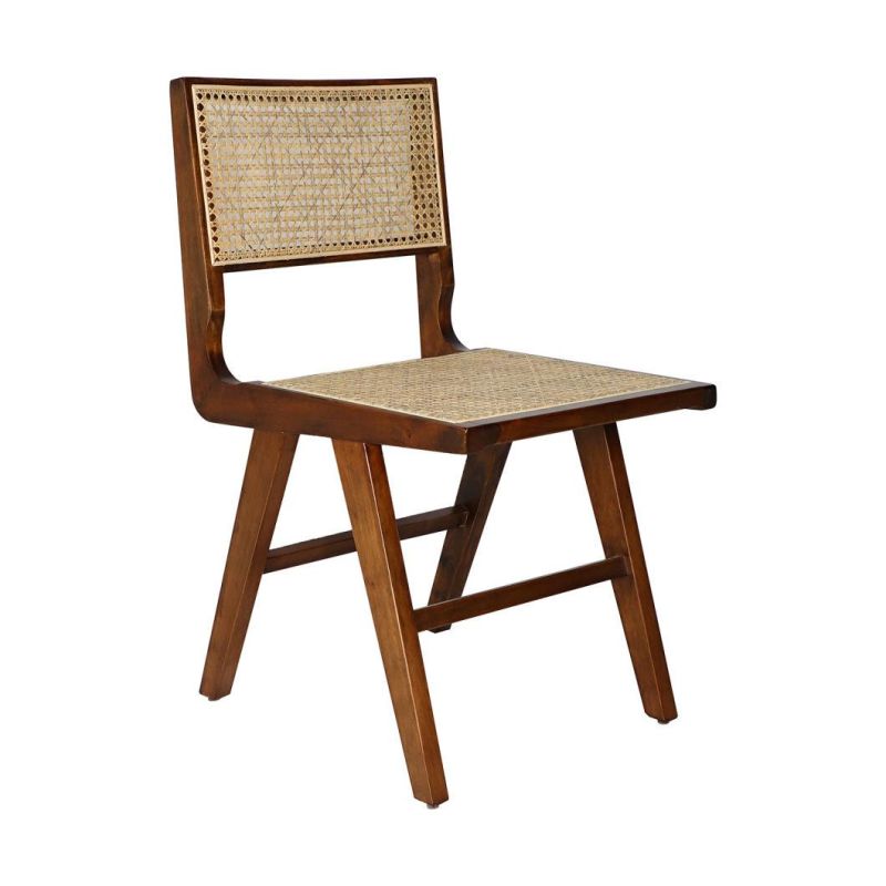 Nordic Teak Wood Knock Down Pierre Jeanneret Cane Wicker Rattan Dining Chair