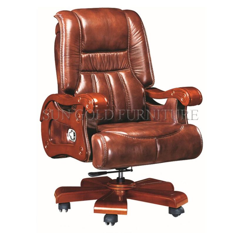 Classic Brown Luxury Real Leather Boss Chair with Wood Foot