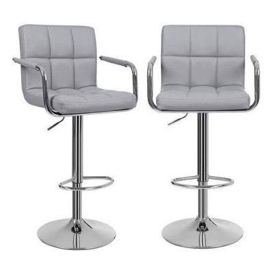New Design Soft Back Armrest Lift Swivel Modern PU Fabric High Bar Stool Chair with Chrome Footrest