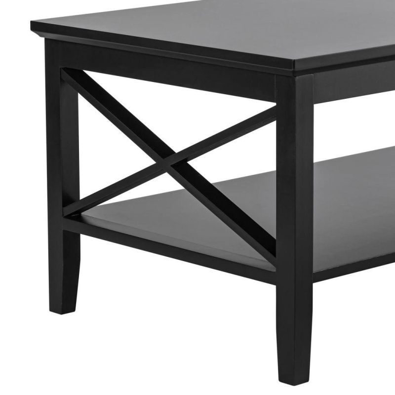 Coffee Table, Black Wood Living Room Table with Shelf, 40 Black