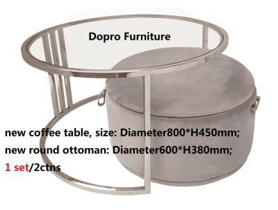 Dopro New Design Stainless Steel Polished Silver/Shiny Coffee Table + Round Stool / Ottoman