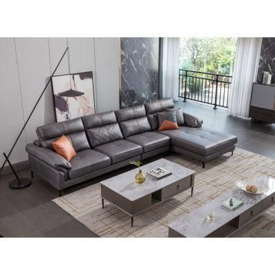Home Modern Furniture Leather L-Shape Grey Metal Wooden Living Room Sofa