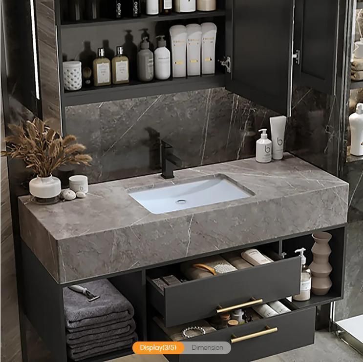 35" Floating Black & Gray Bathroom Vanity with Stone Vessel Sink with 2 Drawers