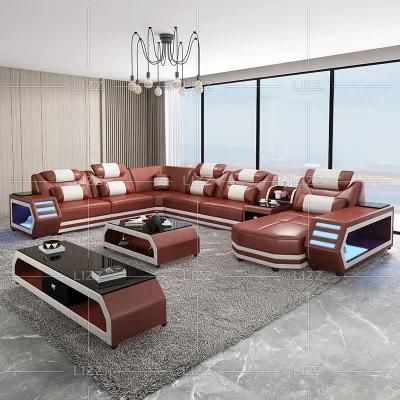 European U Shape Sectional Living Room Furniture Sets Modern Geniue Leather LED Sofa