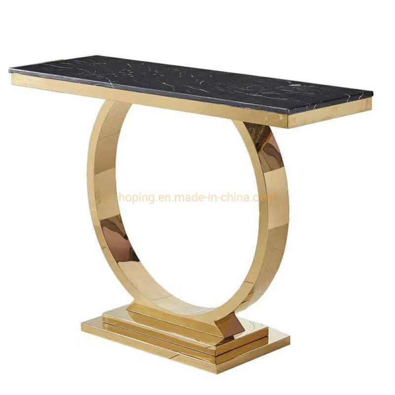 Wedding Dining Table Rectangular Stainless Steel Frame Console Desk in Golden with Brown Thick Top