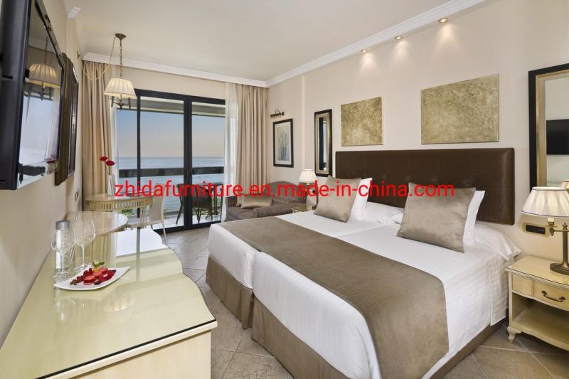 Luxury 5 Star Standard Seaside Hotel Apartment Living Room Villa Bedroom Furniture Wooden King Size Bed with Button Design Headboard for Project