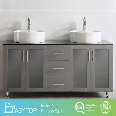 Double Vanity with White Vessel Sink Popular Solid Wood Double Sink Bathroom Vanity Cabinet for Luxury Hotel