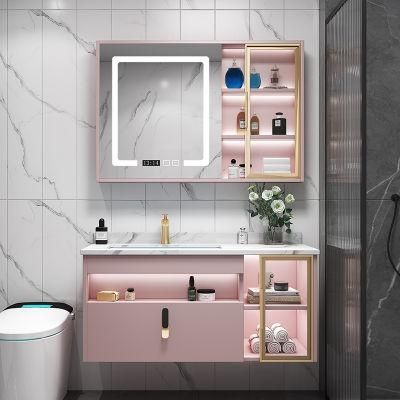 Luxury Bathroom Cabinet Furniture New Design Waterproof Bathroom Vanity Cabinets with LED Mirror with Rock Plate Top