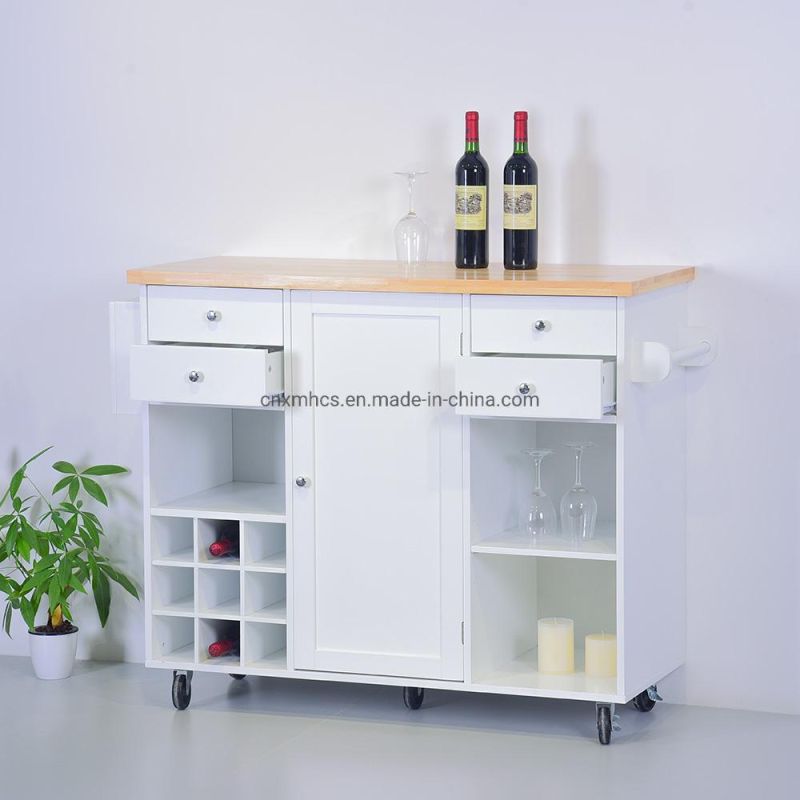 Wooden Kitchen Serving Trolley Cart Storage Rack White Kitchen Island with Wine Rack, Kitchen Furniture, Household Kitchen Cabinet