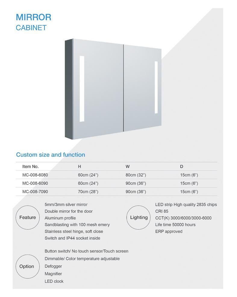 Double Door Mc008 Aluminum Medicine Cabinet with Mirror Bathroom Lighted Mirror Cabinet with Adjustable Glass Shelves Recessed or Surface Mounting