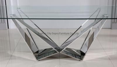 Dopro New Design Butterfly Dining Table D2006, Stainless Steel Polished Silver with Clear Tempered Glass Table Top