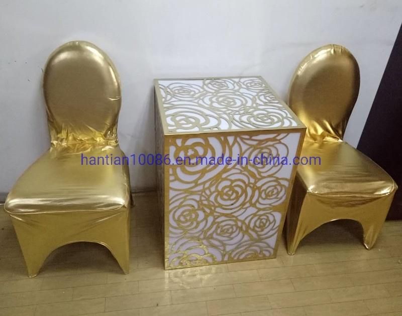 Cheap Gold Cover and LED Box Square Wedding Table Set Banquet Living Room Chairs