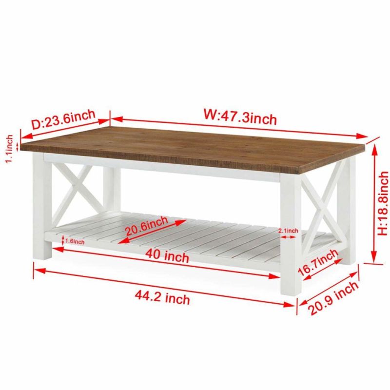 Farmhouse Coffee Table, Wood Rustic Vintage Cocktail Table for Living Room with Shelf