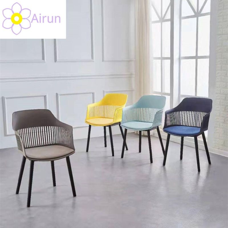 Wholesale Cheap Price Home Furniture Armrest Multiple Colors Customized Plastic Dining Chairs with Upholstered Cushion