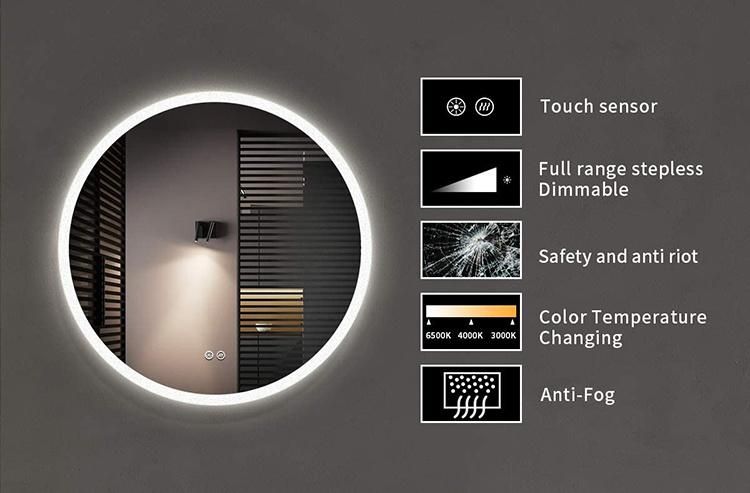 Touch Control Hotel Vanity Round LED Bathroom Mirror Black Frame Mirror Factory