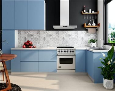 Apartment Linear Shaped Practical Light Blue Lacquer Kitchen Cabinet