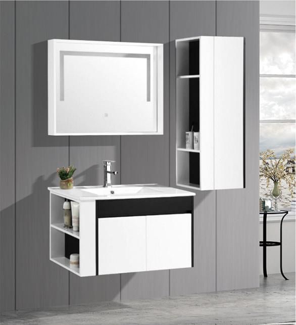 Hotel Style PVC Bathroom Cabinet with Ceramic Single Sink and Side Cabinet