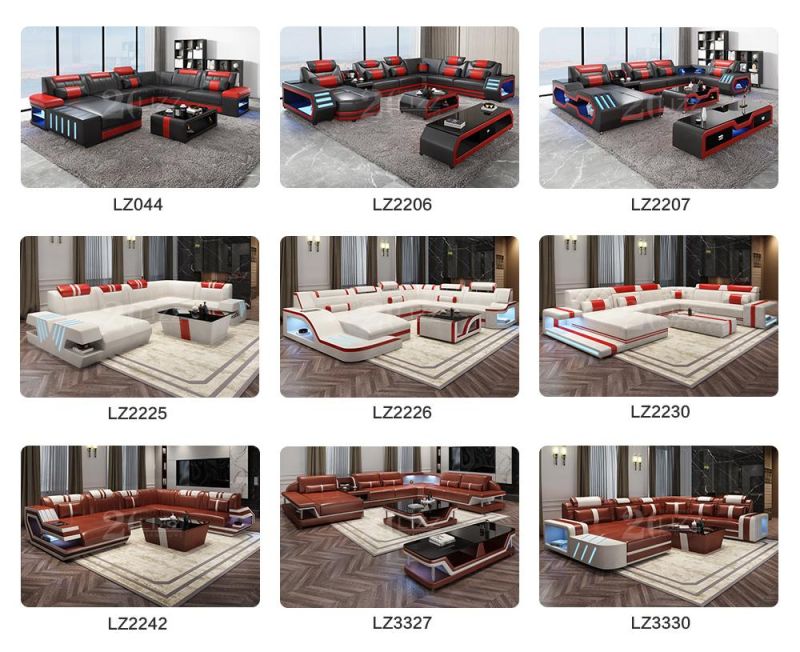 Remote Control LED European Modern Office /Living Room Genuine Leather U Shape Sectional Sofa Furniture Set Couch Sleeper