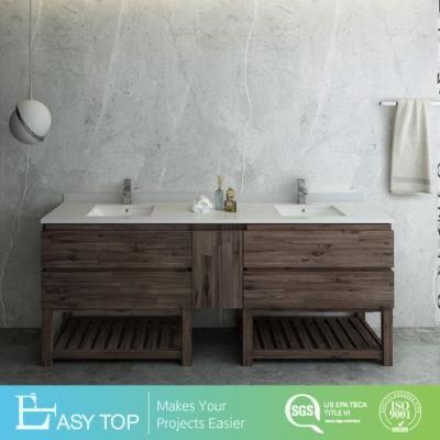 Woode Tones Solid Pine Drawers Open Bottom Double Sink Modern Bathroom Cabinet