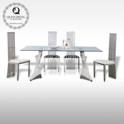 Modern Chrome Stainless Steel 6seaters Glass Dining Table Set