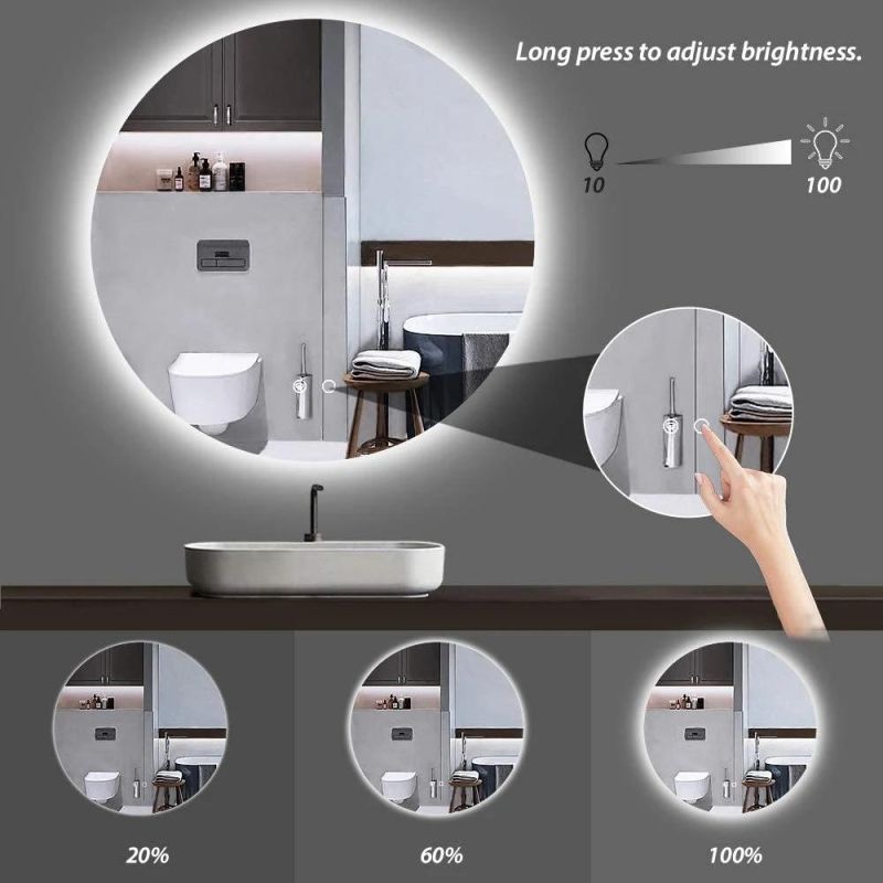 Home Hotel Bathroom Mirror Morden Style Round LED Lights Mirror Wall Mounted Vanity Mirror with Smart Touch Button and Anti-Fog Function Dimmable Makeup Mirror