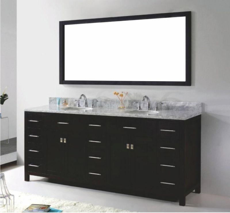 Exquisite and Elegant Marble Countertop, Black Double Basin Make-up Bathroom Cabinet