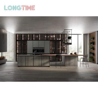 Factory-Direct Luxury Furniture Solid Wood Kitchen Island Aluminium Frame Glass Finish Storage Cabinets