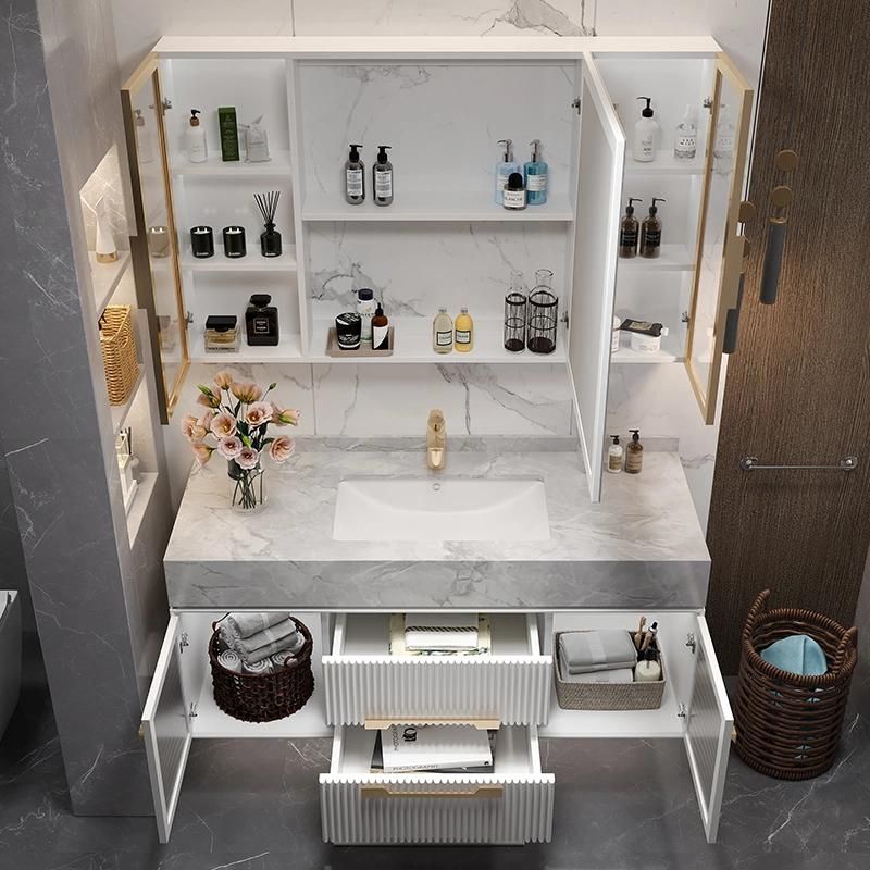 Luxury Bathroom Cabinet Furniture New Design Waterproof Bathroom Vanity Cabinets with LED Mirror with Rock Plate Sink