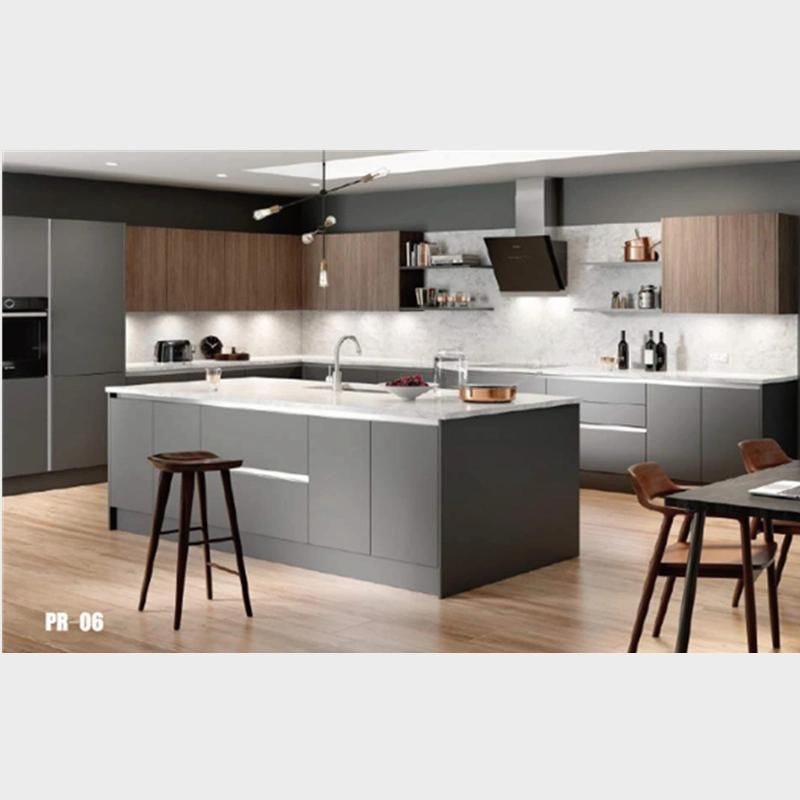 High Quality Matt Black Kitchen Cabinet with Large Island and Handleless Fronts