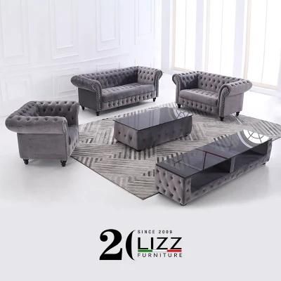Modern Italy Home Furniture Chesterfield Tufted Leisure Velvet Fabric Sofa Set for Living Room