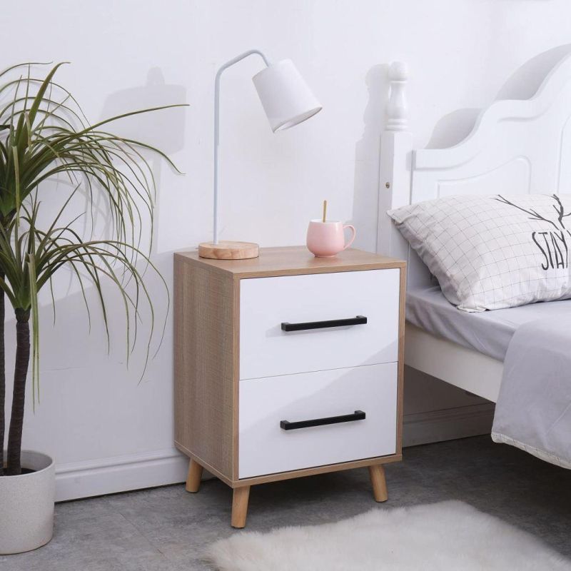 End Side Table with 2 Drawer, Bedside Table with Solid Wood Legs, Modern Storage Cabinet for Bedroom Living Room Furniture