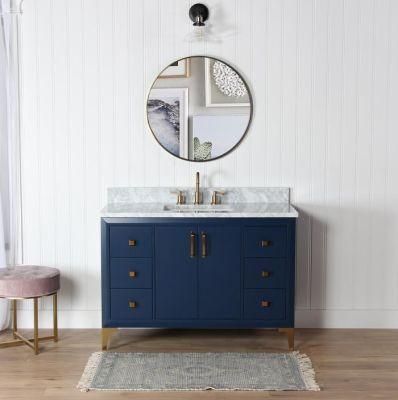 Dark Blue Simple Bathroom Vanity Cabinet Wall Mounted with LED Mirror Metal Handle Large Storage More Drawer