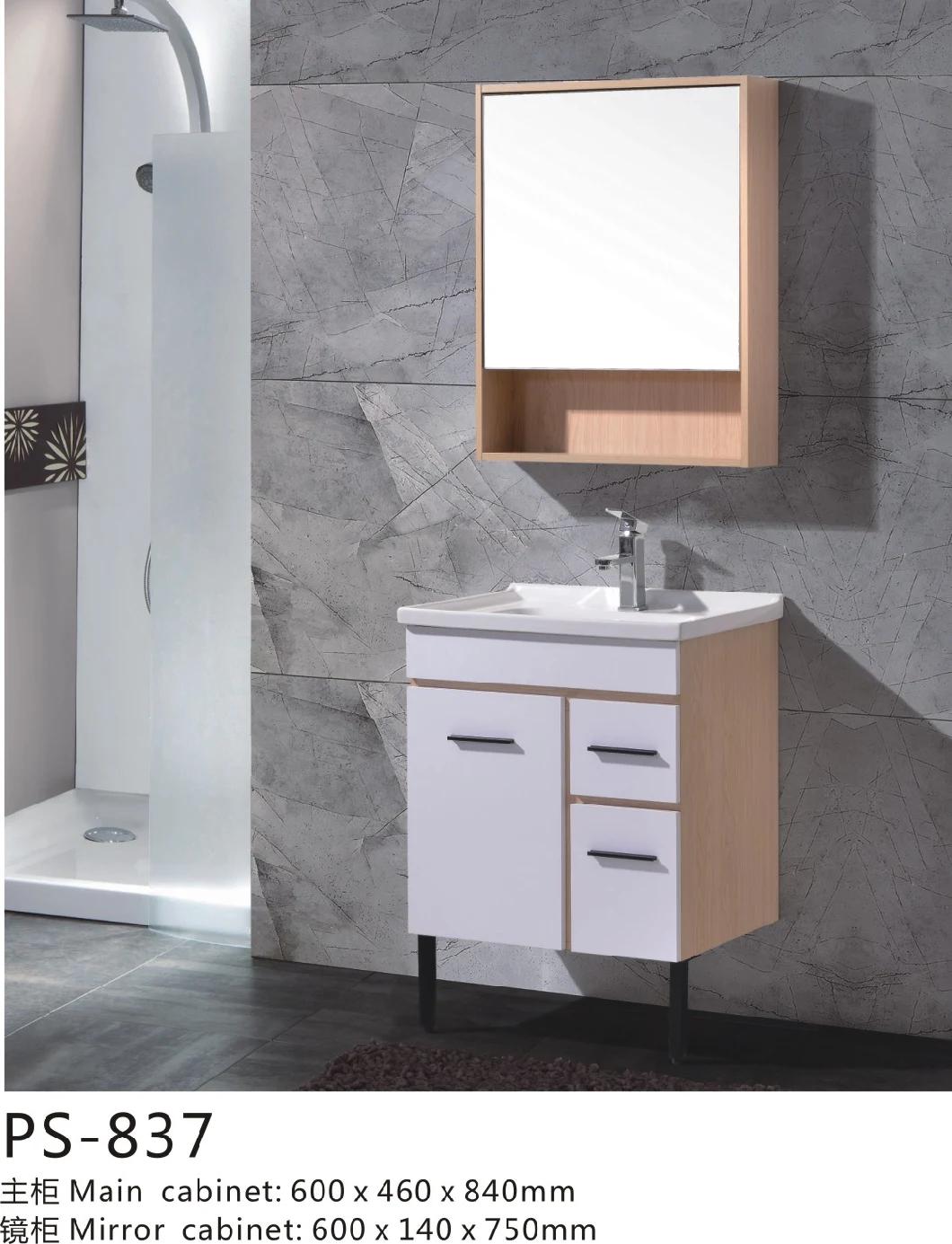 PVC Paint Free Wall Mounted Type Bathroom Furniture with Artificial Stone Top Ceramic Basin Shelf and Simple Mirror