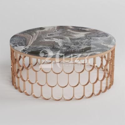 European Luxury Home Living Room Vintage Round Coffee Table with Rose Gold Stainless Steel Feet