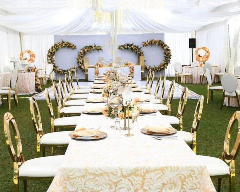 Golden Metal White Leather Outdoor Party Hotel Room Chair Luxury Gold Banquet Restaurant Dining Furniture Stainless Steel Wedding Chair
