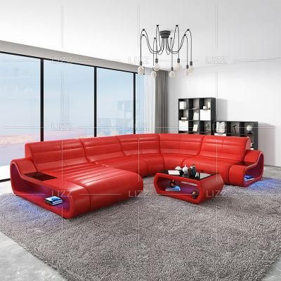 Arabic Modern Sectional Commercial Home Furniture Luxury Italian U Shape Geniue Leather Sofa with LED