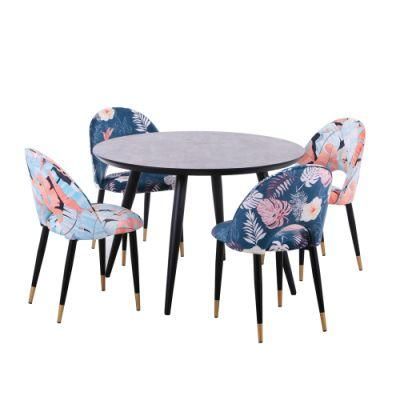 Cheap Round Black Table Flower Fabric Chair Small Dining Table Set 4 Chairs