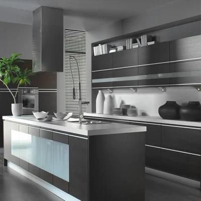 Modern Style Glossy MDF Laminate Wood Cabinet Sets Designs Black High Gloss Lacquer Wooden Kitchen Cabinets with Island