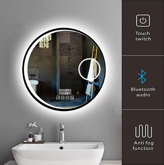 Round Lighted Bathroom Decor Anti-Fog Wall Mounted Makeup Cosmetic Linghts Dimmable, Touch Sensor, Bluetooth, Time Temperature and 3X/5X/7X Mag LED Mirror