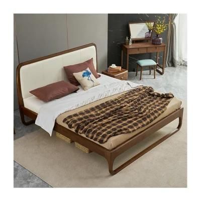 Nordic Unique Design Ash Solid Wood with PU Leather Double Bed for Bedroom