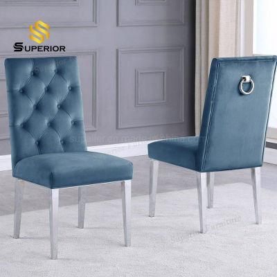 American Style Steel Legs Blue Vevlet Dining Chair with Knocker Design