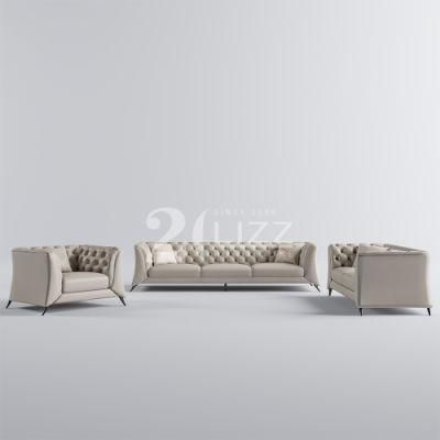 Modern Square Top Grain Leather Living Room Couch Simple Leisure Home Green Chesterfield Sofa with Metal Legs