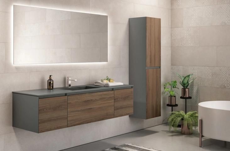 MDF Floor Mounted Type Bathroom Cabinet with Artificial Stone Top Ceramic Basin and LED Mirror