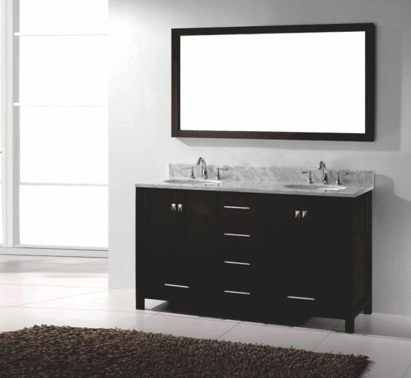 Exquisite and Elegant Marble Countertop, Black Double Basin Make-up Bathroom Cabinet