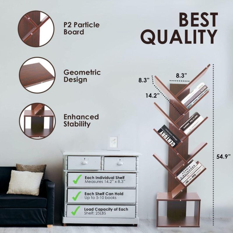 Tree Bookshelf with Drawer Rustic Brown Bookcase 9-Tier Book Rack Free Standing Book Storage Shelves, Wooden Rack Shelves