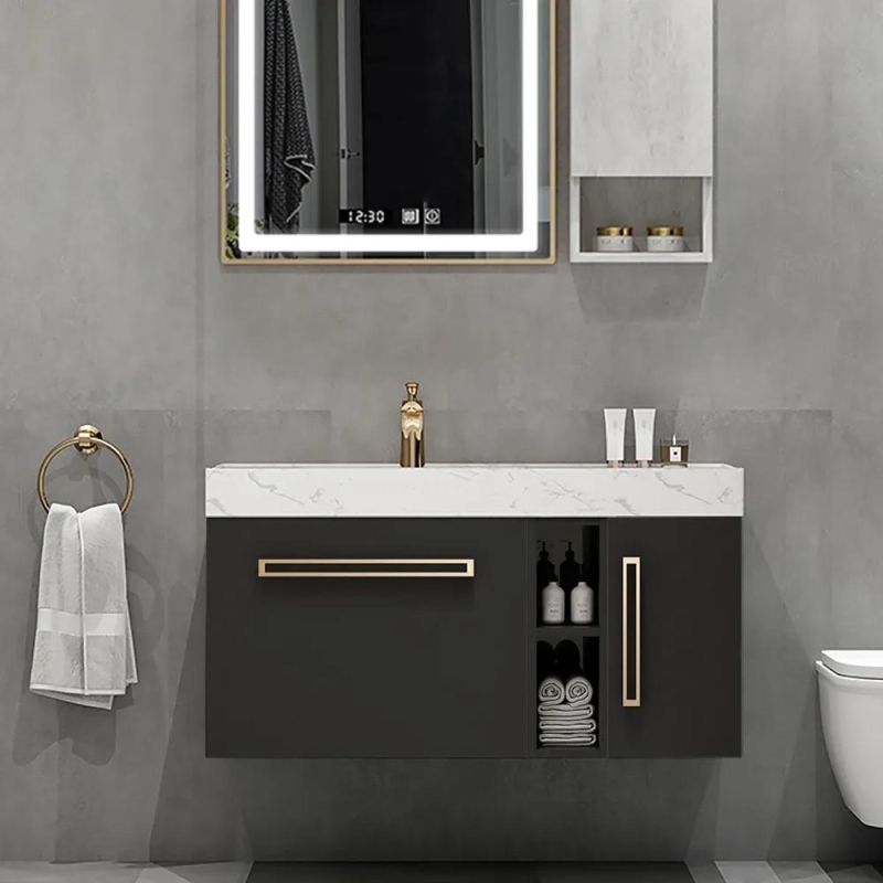 New Design Black Floating Bathroom Vanity with Single Sink with and Marble Top & Storage