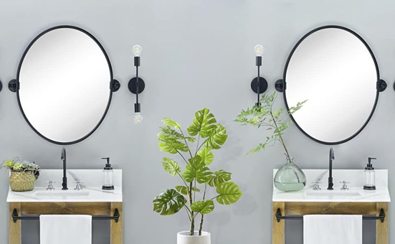 Farmhouse Oval Metal Pivot Bathroom Vanity Mirror Tilting Beveled Vanity Mirrors for Wall 20X28′′