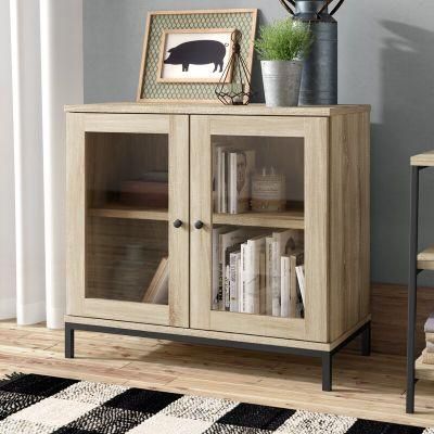 Modern Antique Furniture Oak 2 Door Accent Storage Cabinet Living Room Furniture with Glass Door